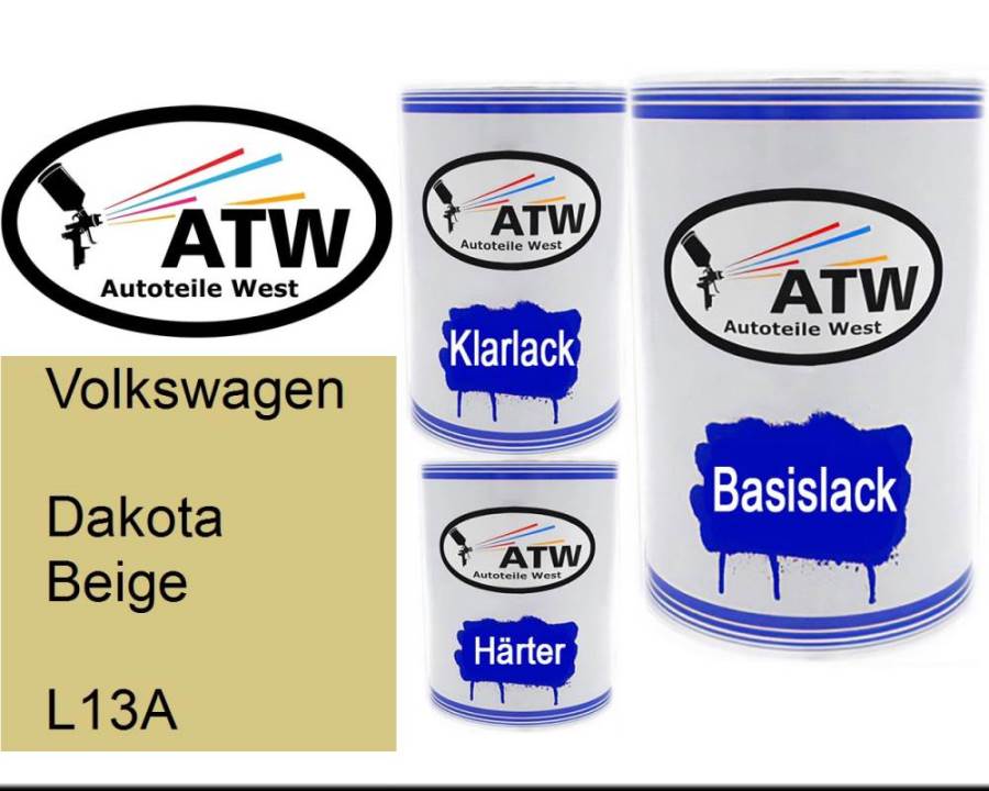 Volkswagen, Dakota Beige, L13A: 500ml Lackdose + 500ml Klarlack + 250ml Härter - Set, von ATW Autoteile West.